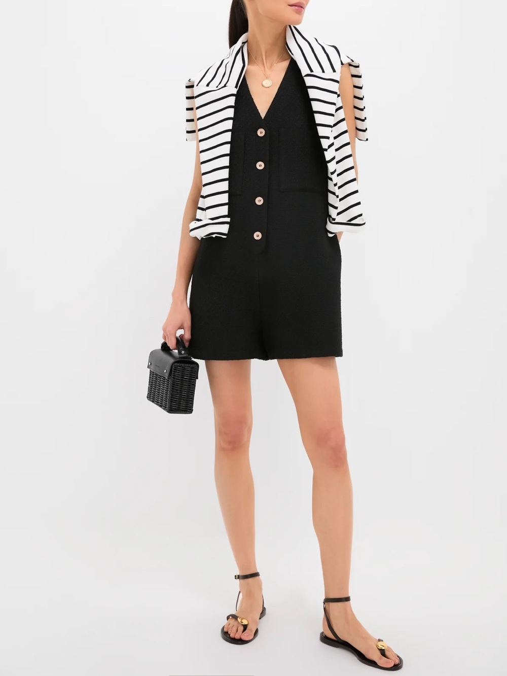Tuckernuck Black Textured Myla Romper with Pockets Summer Large NWT Preppy $128